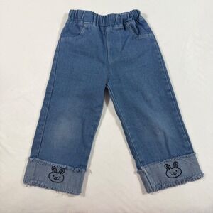 Kids Denim Pants with Bunny Embroidery Elastic Waist Casual Blue Jeans Cute